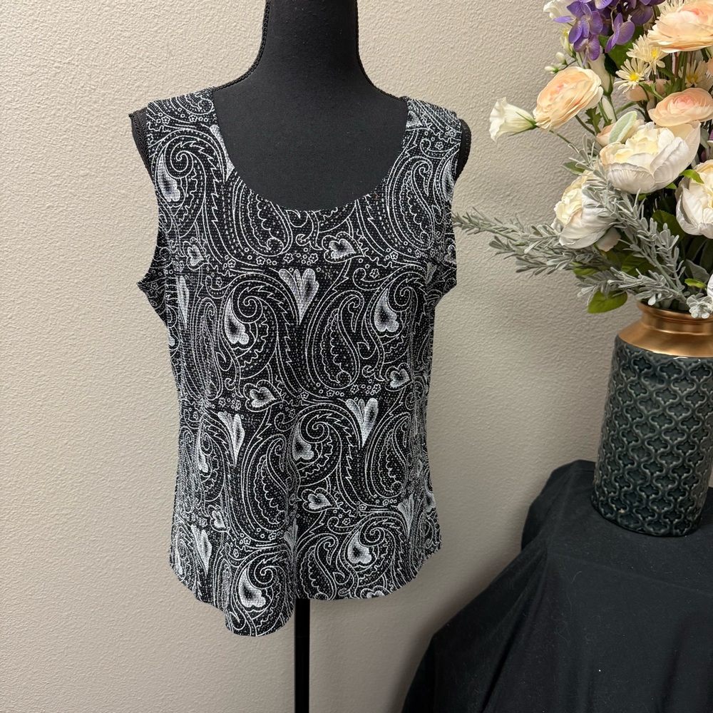 Draper’s & Damon’s Black Silver Metallic Paisley Tank Top Stretchy Size L